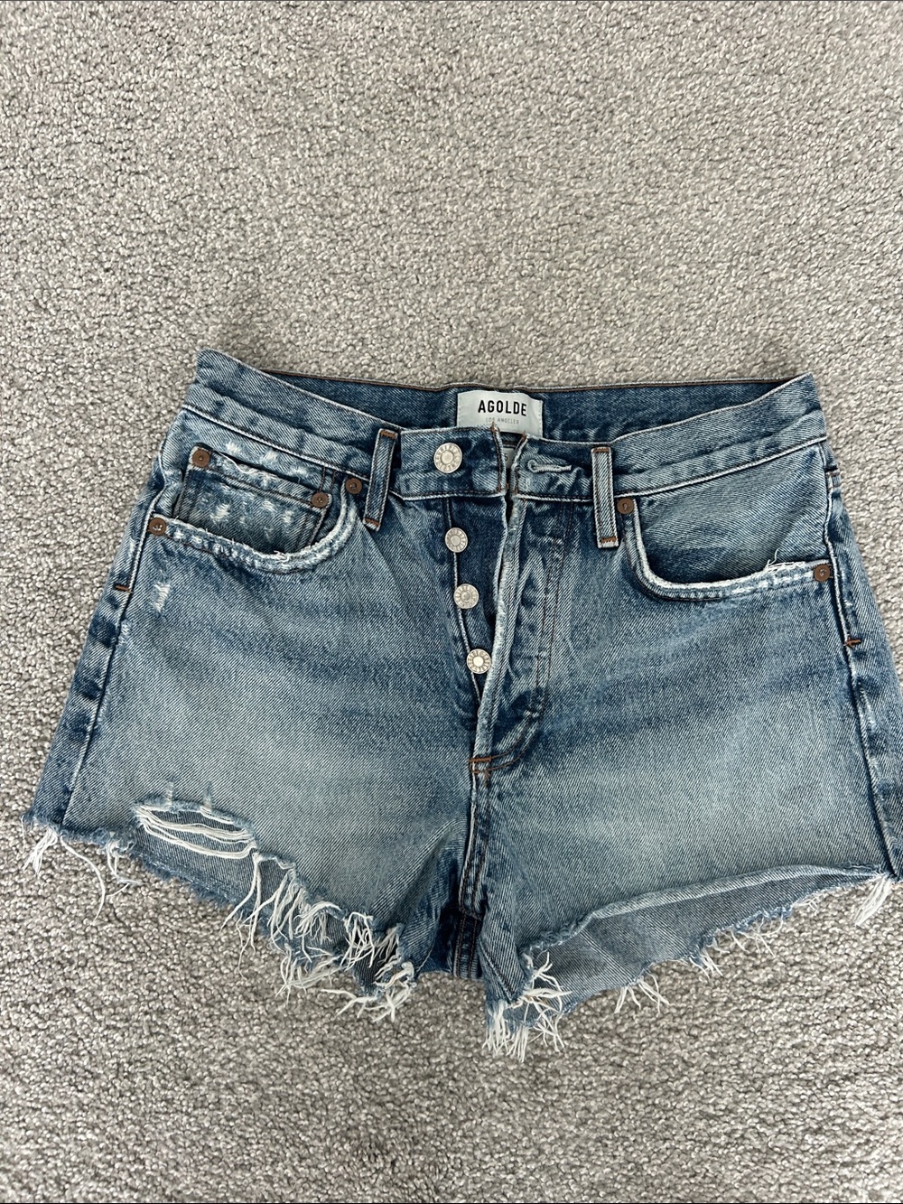 Agolde Light Blue Distressed Button-Front Denim Shorts